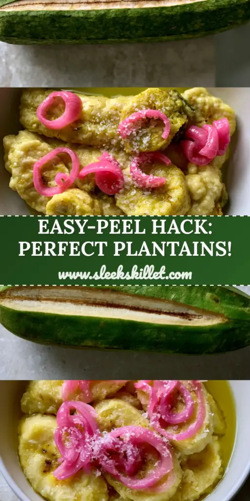 A steaming bowl of Boiled Green Plantains sliced into rounds, topped with bright pink pickled red onions and flaky salt on a stone background.