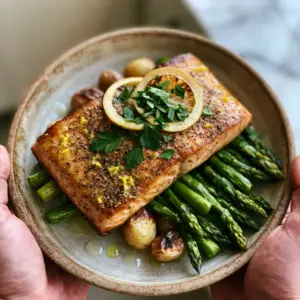 A top-down smartphone photo of Lemon pepper salmon served in a white ceramic bowl with basmati rice and charred asparagus.