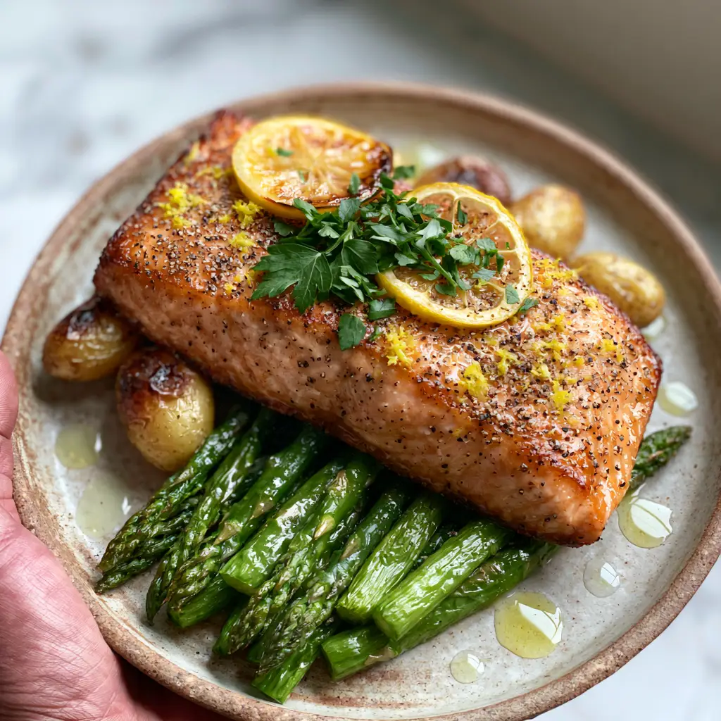 Close up of the shimmering lemon butter glaze on a seared salmon fillet topped with yellow lemon zest and parsley.