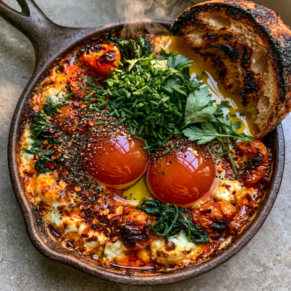 Close-up of blistered tomatoes and bubbling feta cheese in Mediterranean Baked Feta Eggs.