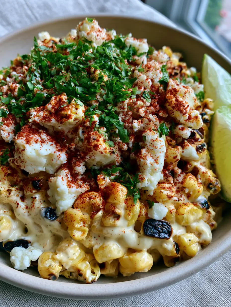 Close up of golden sweet corn with charred black edges in a lime-crema sauce for Esquites.