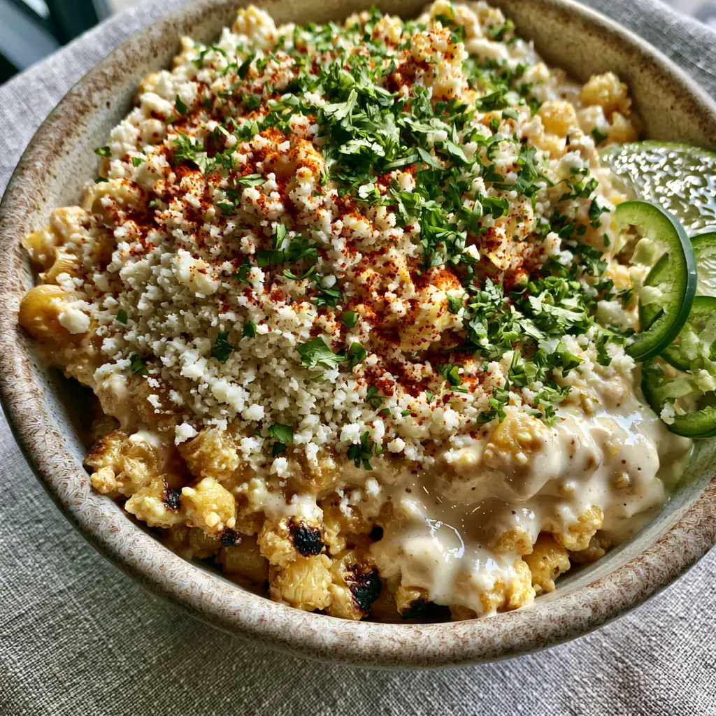 Top-down view of a velvety, glossy Mexican street corn salad topped with bright red paprika and fresh cilantro. (Mexican street corn salad)