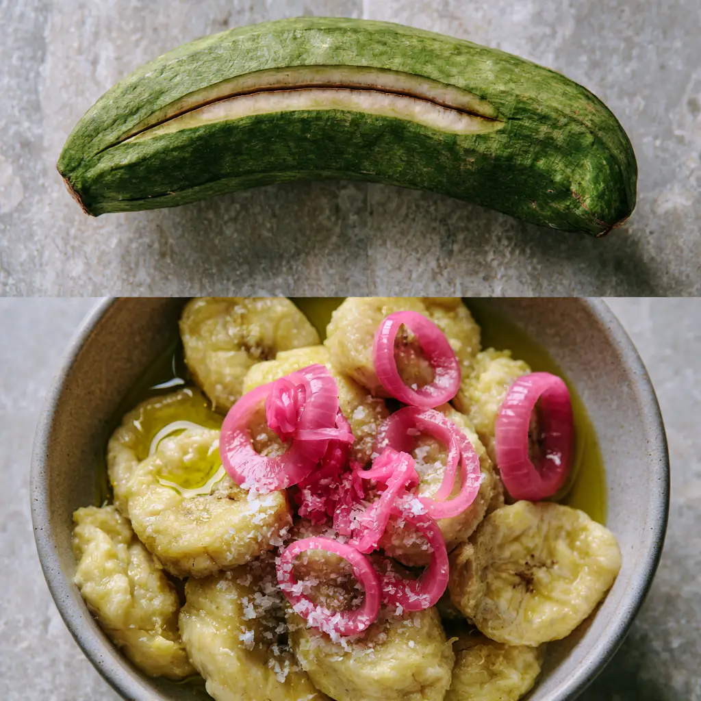 Close up of Boiled Green Plantains garnished with olive oil and pickled onions, showing a soft creamy texture.