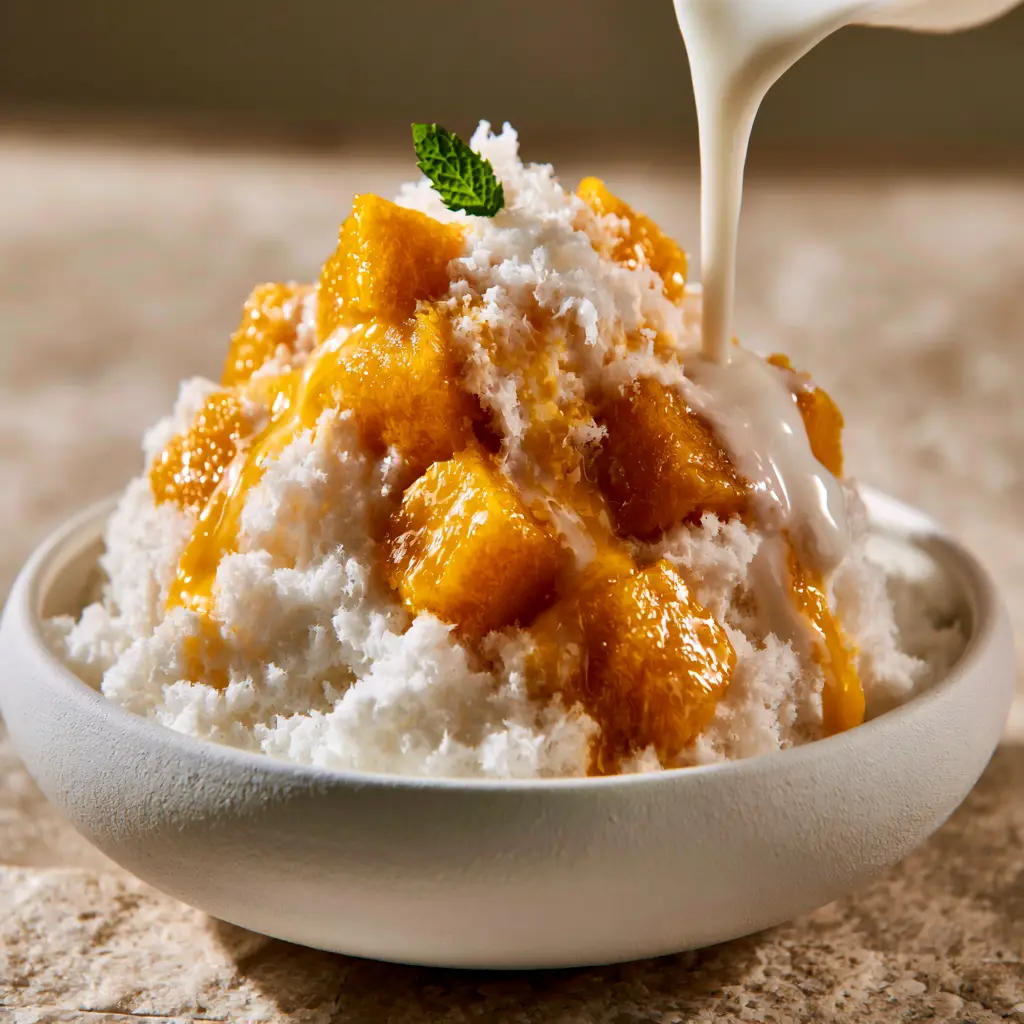 Sweetened condensed milk being poured onto a heap of mango bingsu, creating glossy ribbons over the fruit and ice crystals.