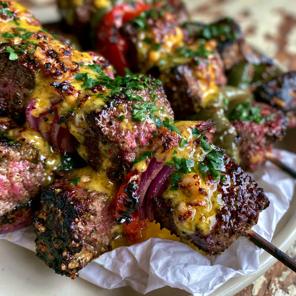 Handheld photo of steak kabobs with melted garlic butter highlights and toasted minced garlic bits. (steak kabobs)