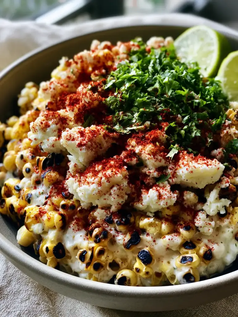 Esquites topped with large crumbles of cotija cheese, Tajin seasoning, and fresh cilantro.
