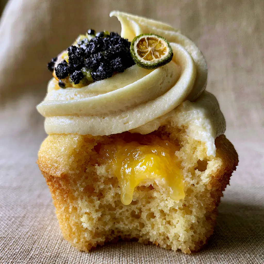 Close up of the velvety ivory Prosecco buttercream swirl with black passion fruit seeds and a dehydrated lime wheel.