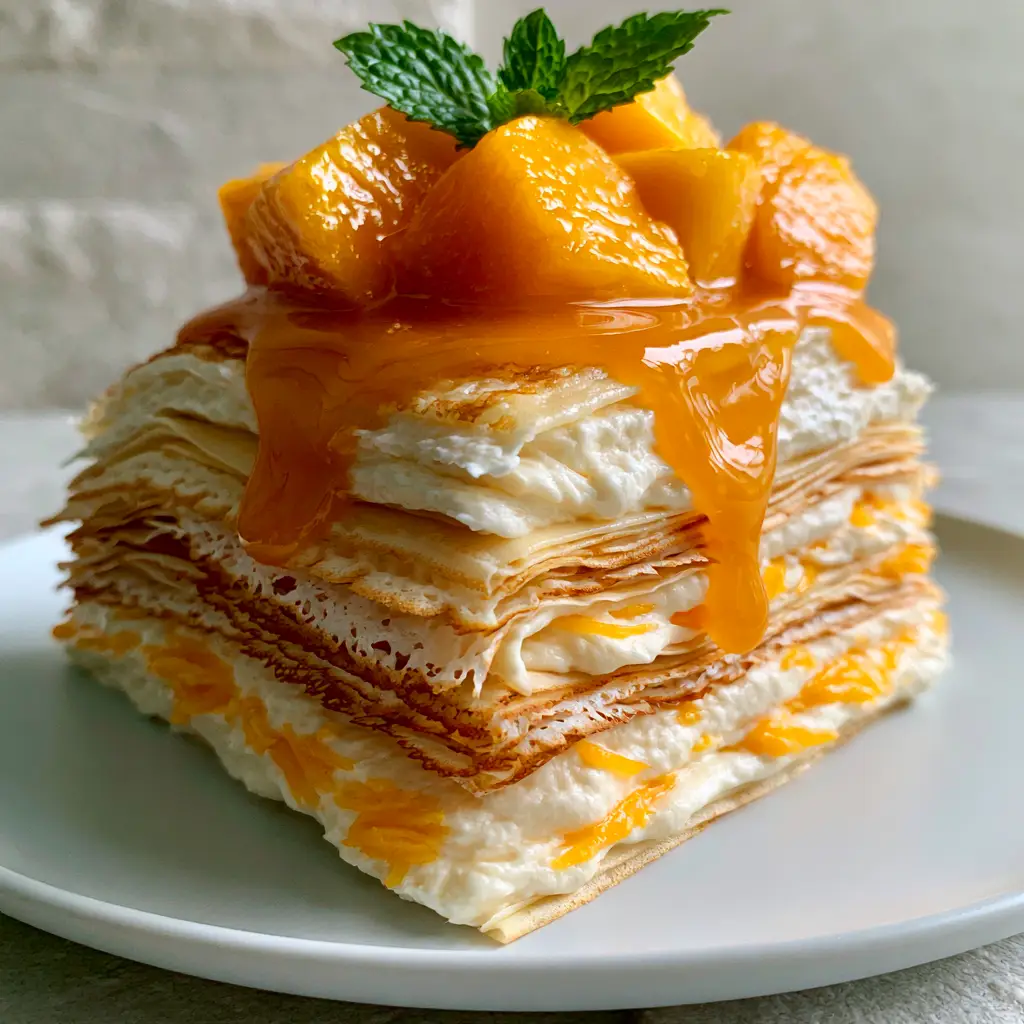 Close up shot of the glossy mango nectar drizzle caught mid-drip on a Mango Crepe Cake. (Mango Crepe Cake)