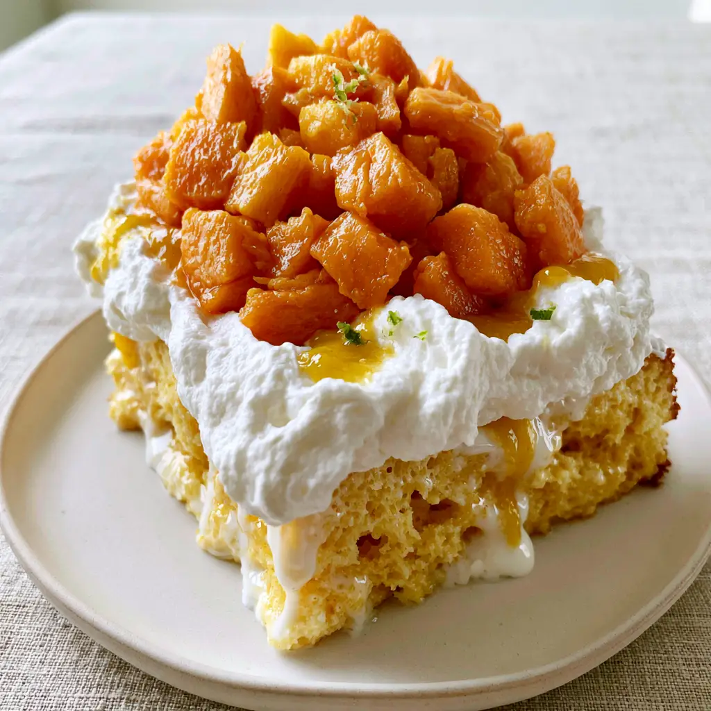A dense pile of diced orange mango chunks on top of a billowy whipped cream layer of a mango tres leches cake.