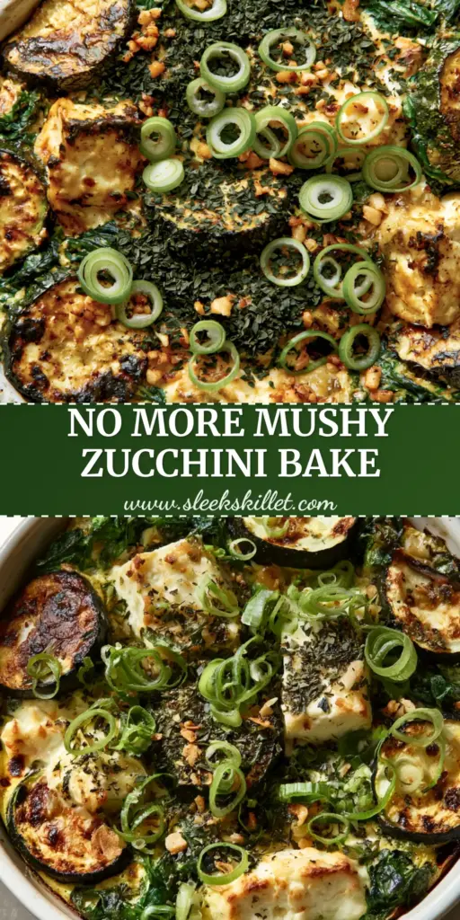 A top-down view of a Baked Zucchini Spinach Feta Casserole in a white ceramic dish, featuring charred zucchini, wilted spinach, and browned feta chunks.