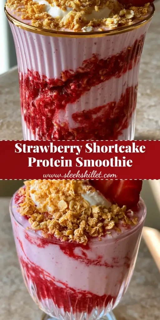 A thick, creamy Strawberry Shortcake Smoothie in a ribbed glass with a red strawberry puree swirl, topped with whipped cream and golden oat crumble.
