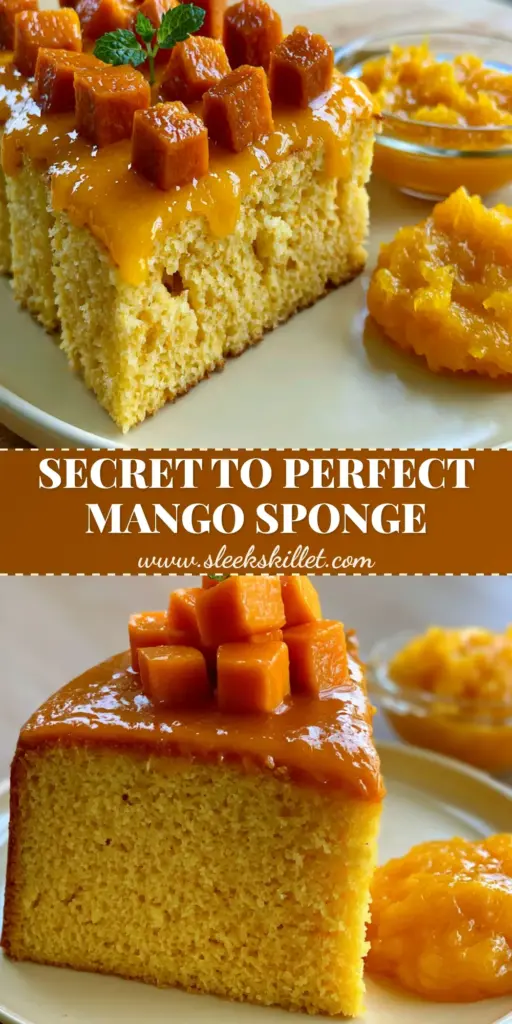 A side-angle macro shot of sliced Mango Cakes with glossy glaze and Alfonso mango cubes on a matte ceramic plate.