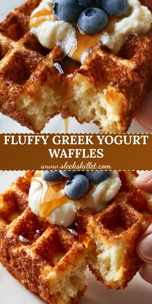 A stack of three golden-brown Greek yogurt waffles topped with a dollop of yogurt, blueberries, and maple syrup on a marble surface.