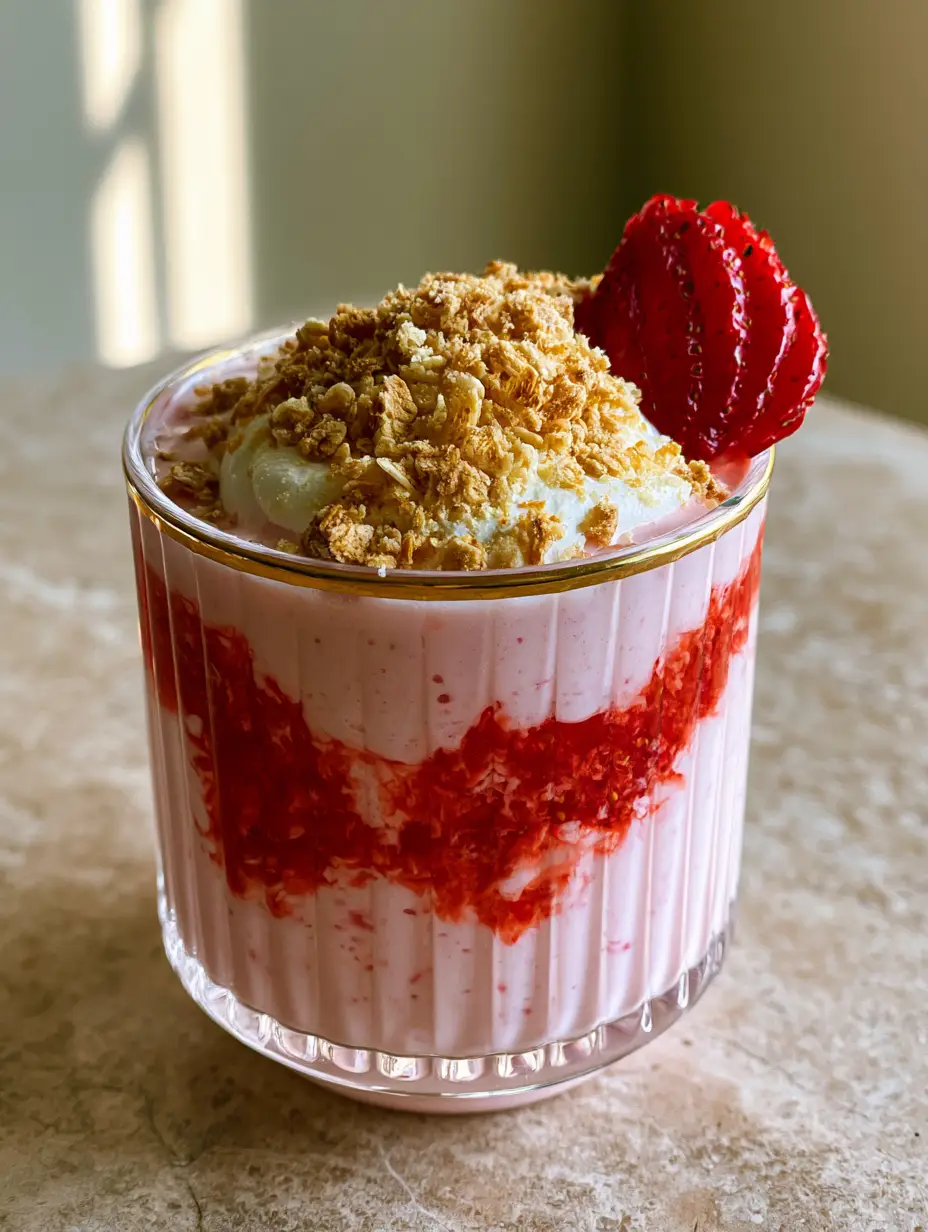Close up of a Strawberry Shortcake Smoothie in a ribbed glass featuring a vibrant red puree swirl and toasted oat topping.