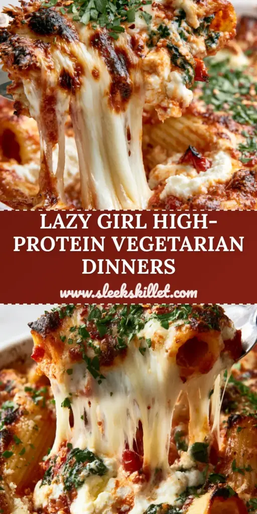 A close-up of a cheesy rigatoni pasta bake with a long cheese stretch being lifted from a ceramic dish. (30-minute vegetarian meals)