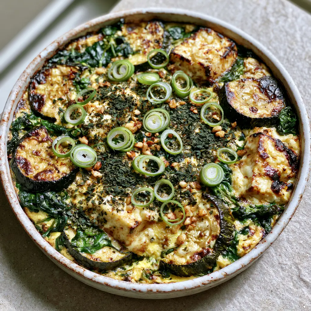 Full view of the Baked Zucchini Spinach Feta Casserole in a rustic white dish on a gray stone countertop.