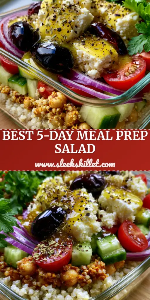 A tall glass meal prep container filled with a layered Mediterranean quinoa salad showing white quinoa, chickpeas, cucumbers, tomatoes, and feta on a wooden table.