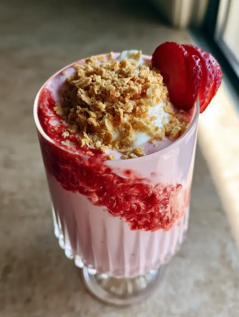 Strawberry Shortcake Smoothie on a stone countertop with warm natural side lighting.