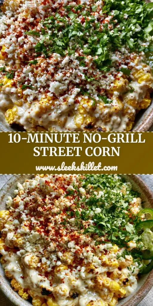 A rustic ceramic bowl of Mexican street corn salad with charred kernels, white crema, cotija cheese, and cilantro on a grey linen background.