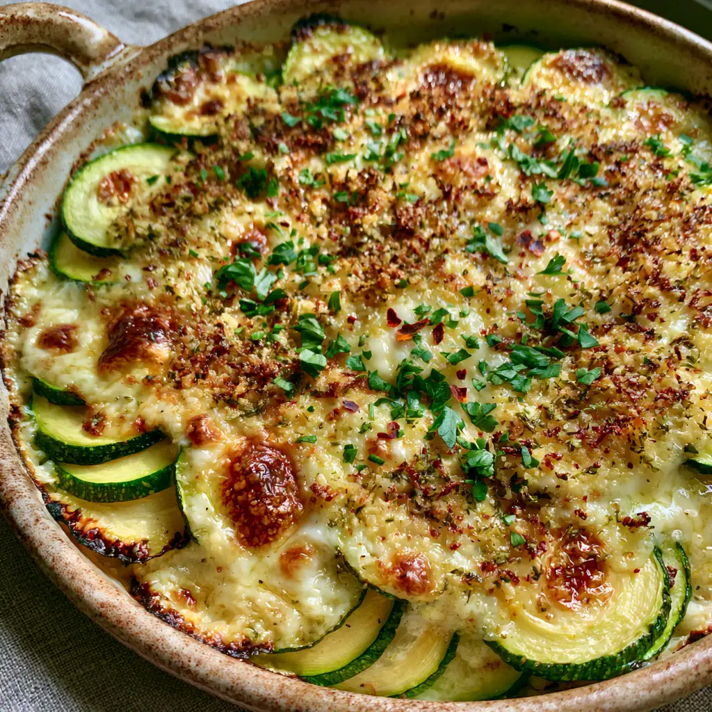 Overhead view of a crispy golden herb crust on a Baked zucchini and cheese casserole garnished with fresh parsley.