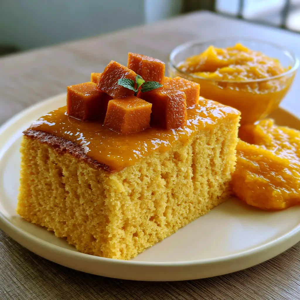 Mango Cakes topped with thick reduction glaze and neatly arranged mango cubes.