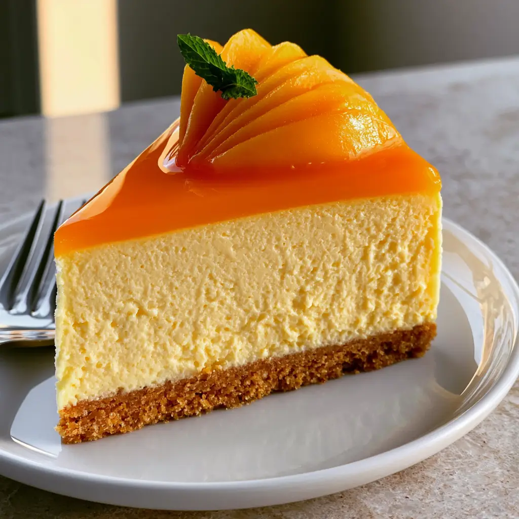 A sharp slice of mango mousse cake on a white ceramic plate with a silver fork in soft golden hour light. (mango mousse cake)