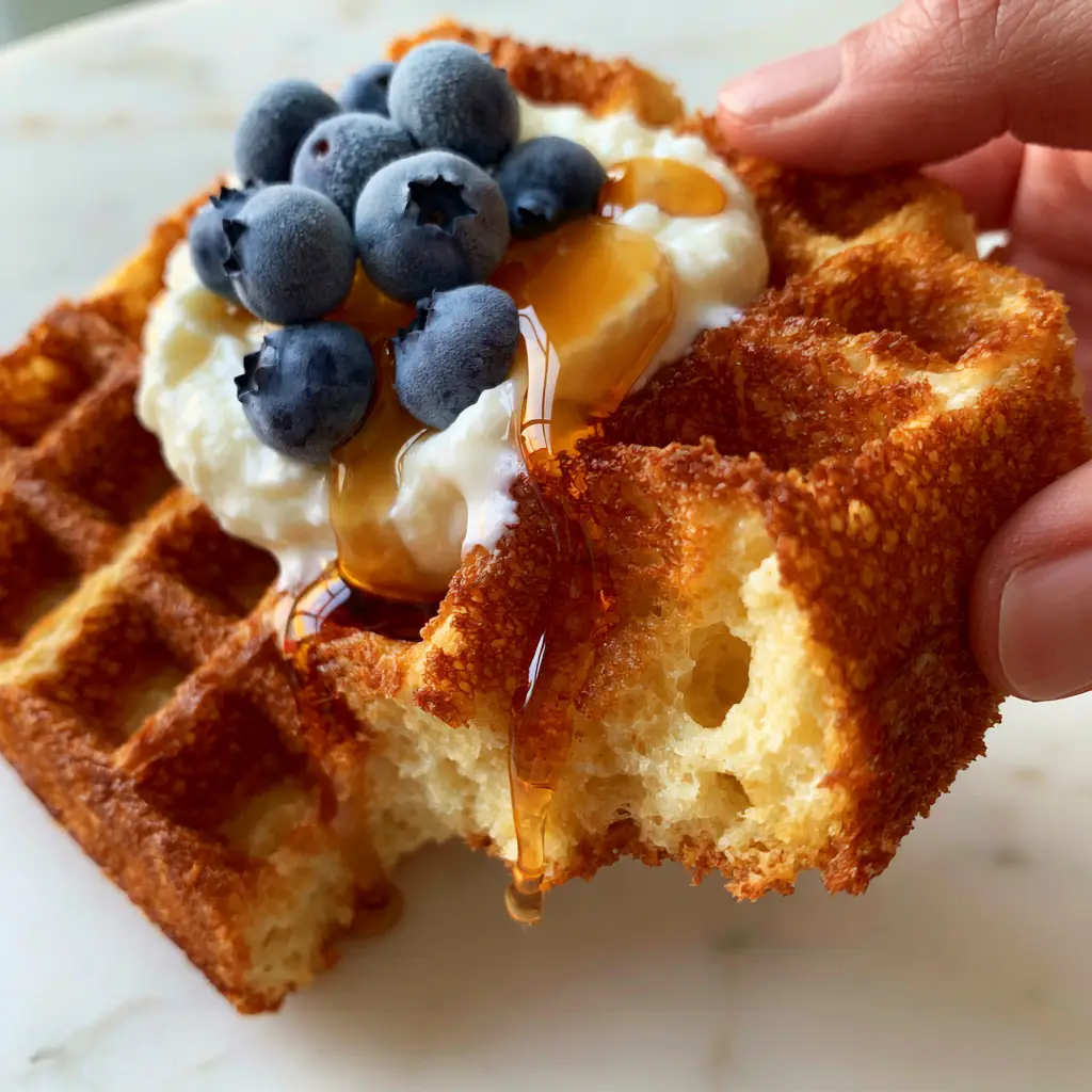 Close-up of golden Greek yogurt waffle pockets filled with glistening amber maple syrup and topped with melting yogurt and blueberries.