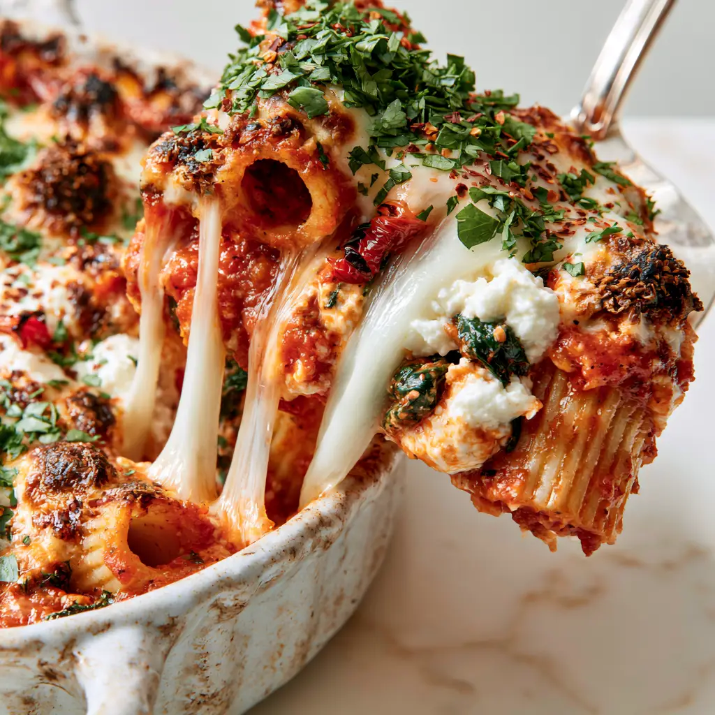 A serving of rigatoni pasta bake showing chunky marinara sauce, spinach, and charred cheese crust. (30-minute vegetarian meals)