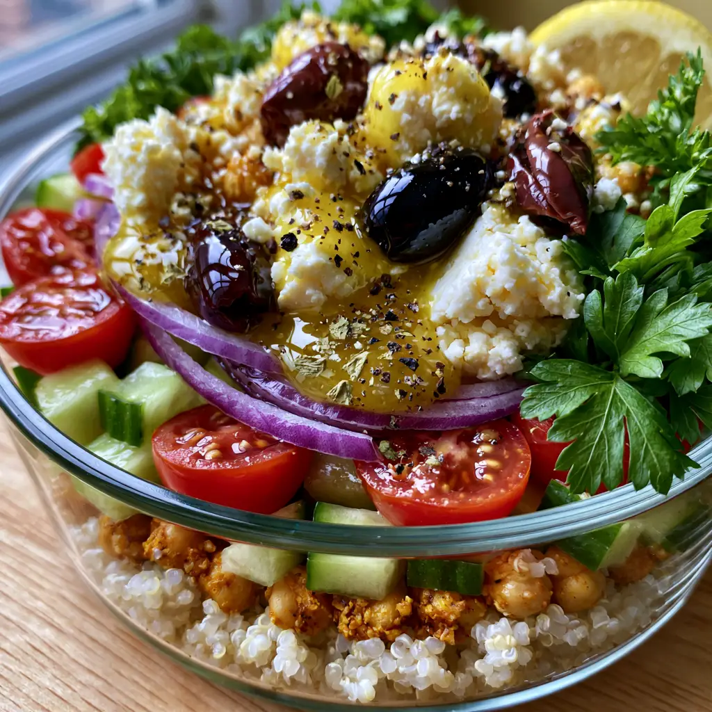 Close-up of golden lemon herb vinaigrette drizzled over a Mediterranean quinoa salad with visible black pepper and oregano flakes.