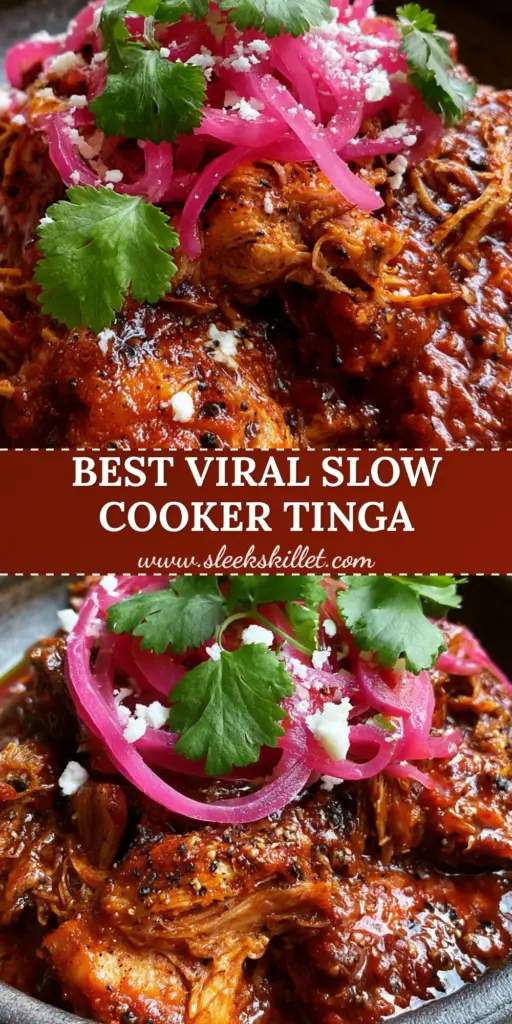 A mountain of glossy Chicken Tinga in a dark ceramic bowl topped with pickled red onions and cotija cheese.