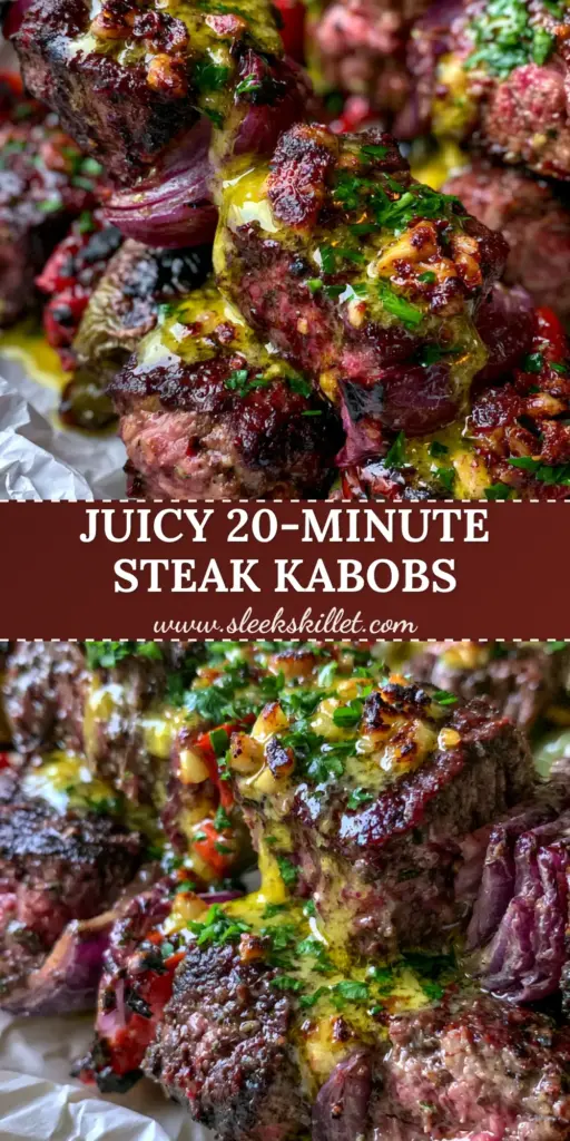 A rustic presentation of steak kabobs on white parchment paper featuring seared sirloin cubes, charred onions, and blistered peppers with a garlic butter glaze.