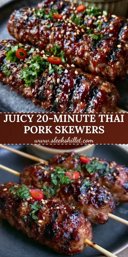 Three Thai-style ground pork skewers with a glossy mahogany glaze on a charcoal plate.