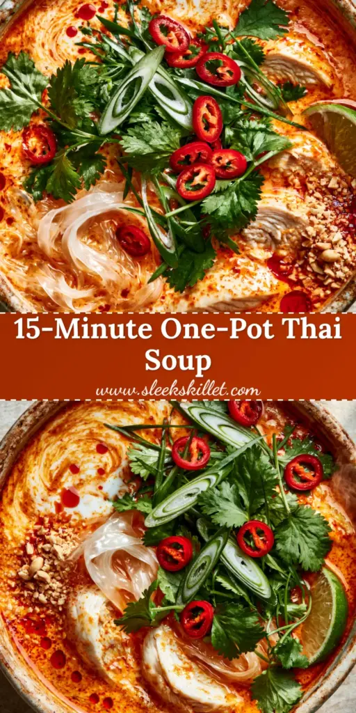 A rustic ceramic pot filled with Thai red curry noodle soup, featuring creamy coconut broth, silky noodles, and vibrant garnishes.