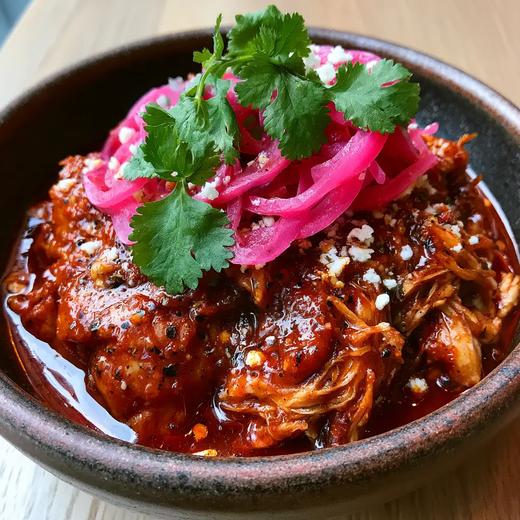 A rustic dark ceramic bowl filled with Chicken Tinga garnished with fresh cilantro and lime juice glisten.