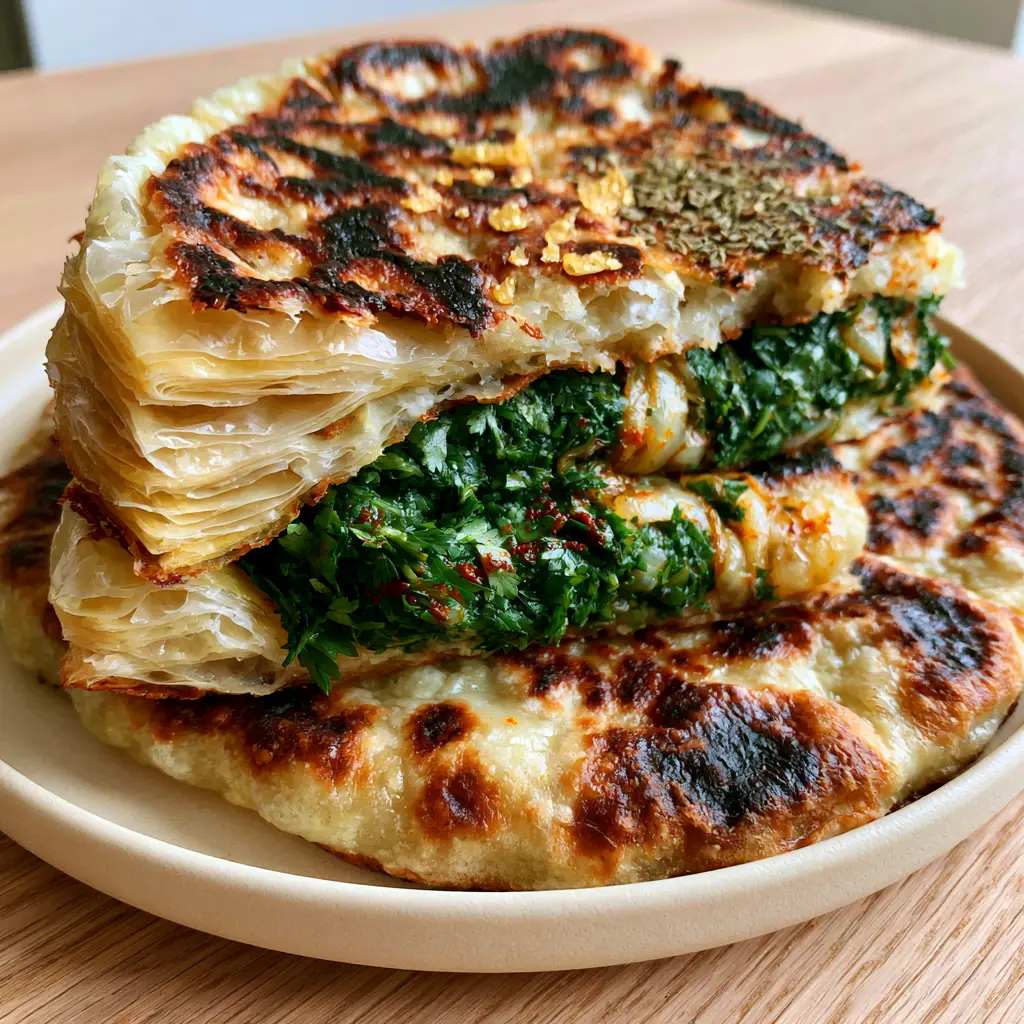 Close-up of the shattered crust and golden-brown charred spots on a moroccan herb-stuffed flatbread.