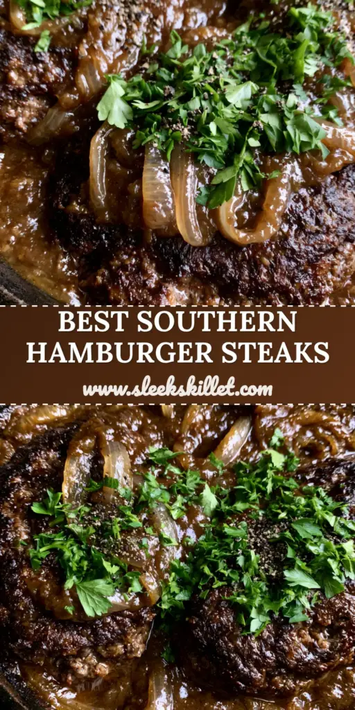 A top-down shot of Southern-style hamburger steaks in a cast iron skillet with thick mahogany onion gravy and fresh parsley.