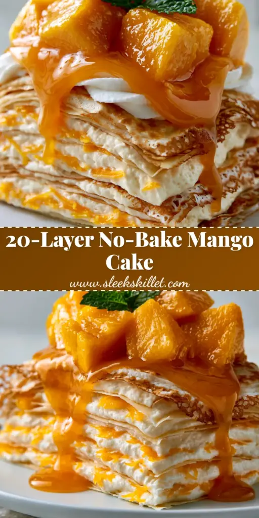 A towering Mango Crepe Cake with 20 golden layers, topped with glistening Manila mango cubes and a glossy orange drizzle. (Mango Crepe Cake)