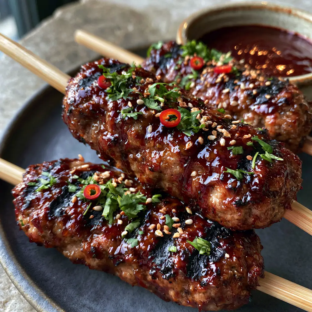 Handheld photo of Thai-style ground pork skewers topped with cilantro and bird eye chilis. (Thai-style ground pork skewers)