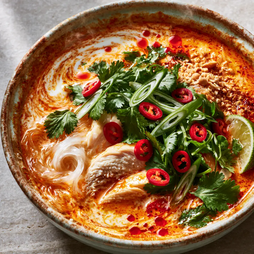 Detailed shot of silky rice noodles submerged in a vibrant orange-red coconut curry broth.