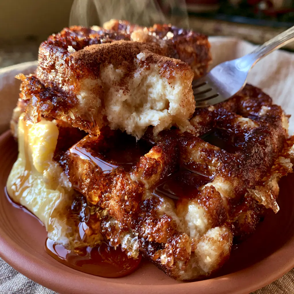 Close up of a fork breaking into a fluffy cinnamon brown sugar waffle with syrup pooling in cavities.