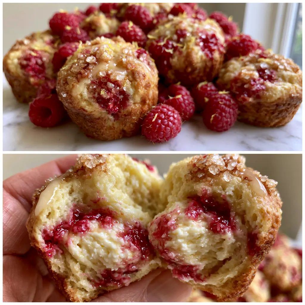 Macro close-up of a raspberry lemon ricotta muffin being gently torn in half, revealing steam and molten juice.