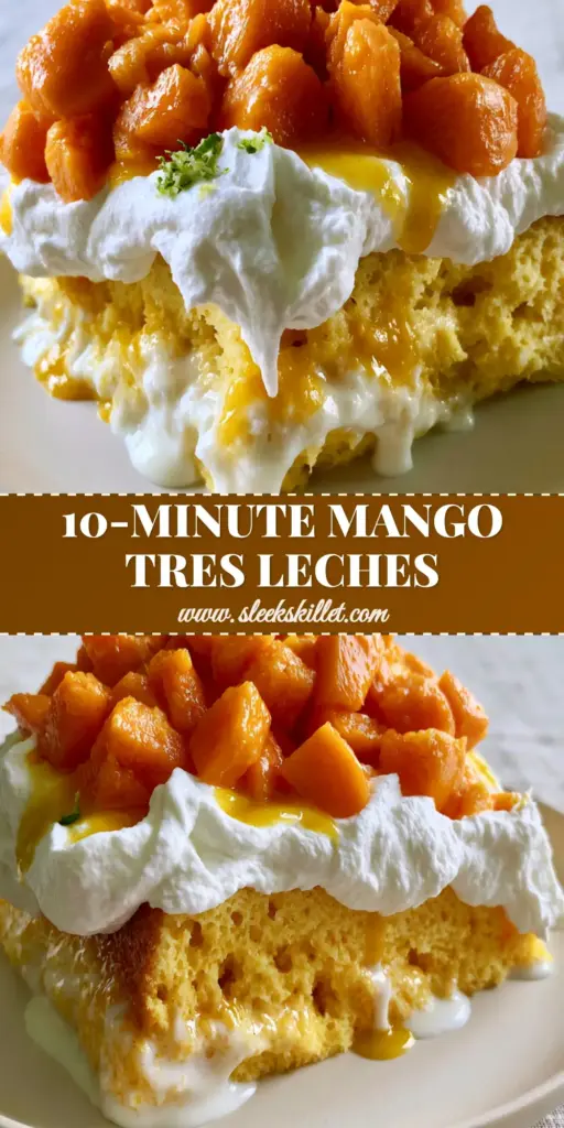A close-up shot of a generous slice of mango tres leches cake showing the saturated yellow sponge and thick whipped cream topping.