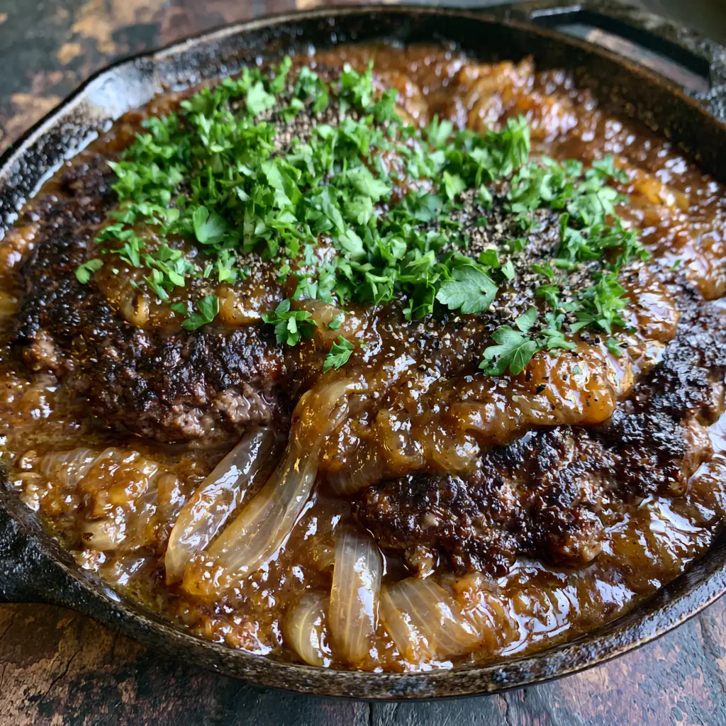 Glossy mahogany-colored onion gravy covering thick ground beef hamburger steaks garnished with black pepper.