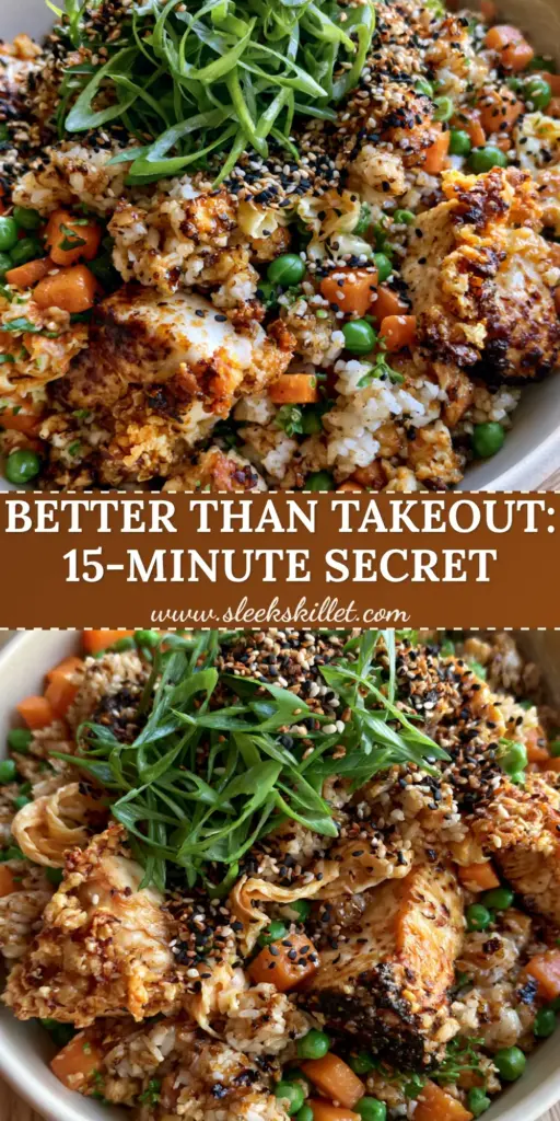 A top-down view of authentic chicken fried rice in a cream bowl with visible seared chicken chunks and scallions. (chicken fried rice)
