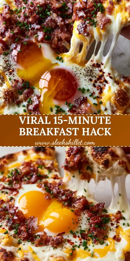 Close-up of a breakfast flatbread with two runny eggs, crispy bacon, and melted cheese on a marble counter. (breakfast flatbread)