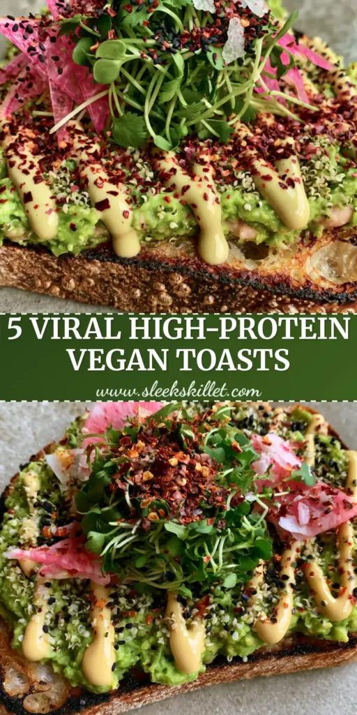 A gourmet high-protein vegan avocado toast on thick sourdough with watermelon radish, hemp seeds, and tahini drizzle.