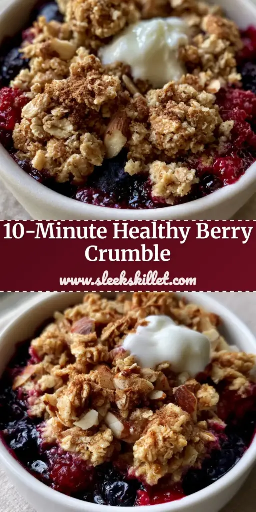 A close-up of a single-serve Breakfast Crumble in a white ramekin with bubbling blueberries and a yogurt dollop.