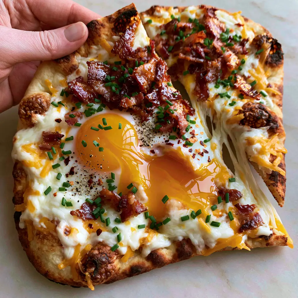 Top-down view of golden-brown toasted naan with charred edges and vibrant orange egg yolks. (breakfast flatbread)