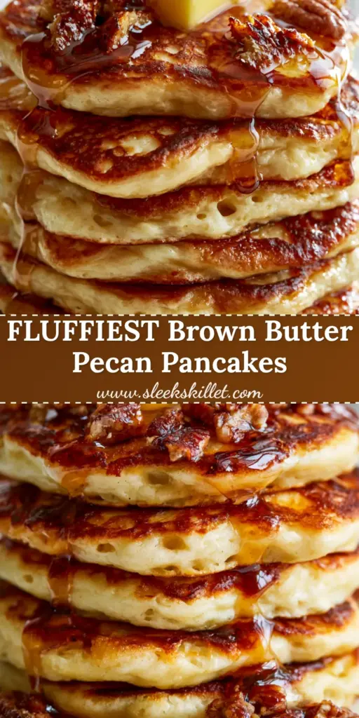 A towering stack of five brown butter pecan pancakes on a marble plate with melting butter and maple syrup drizzle.