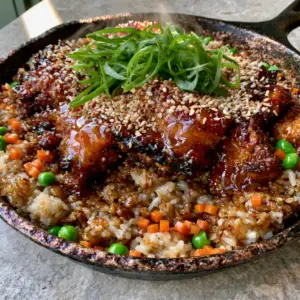 Close-up of japanese bbq chicken fried rice showing seared chicken thighs with a thick amber yakiniku glaze and fluffy soy rice.